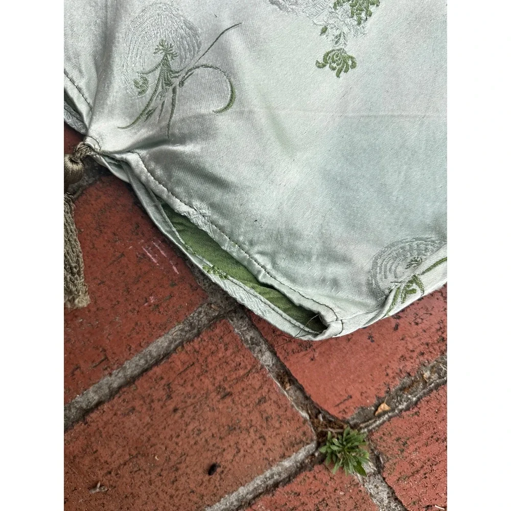Vintage Chinese Silk Brocade Table Runner Sage Green Floral Bamboo Tassels 29x14